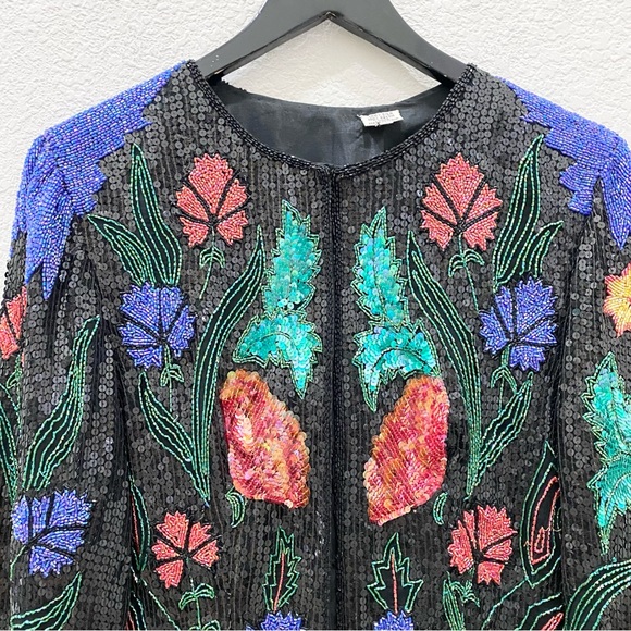 Vintage 80’s 90’s Abstract Floral Print Fully Beaded Sequined Blazer Jacket M - Picture 14 of 16